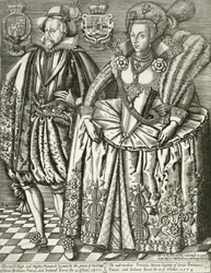 Portret van James I (1566-1625) en Anne van Denemarken (1574-1619) titelpagina uit het Boek der Koningen, gegraveerd door Renold Elstrack (1571-ca.1630) 1618
